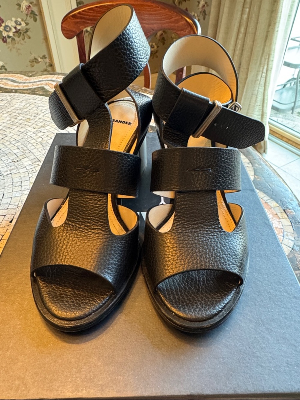 Jil Sander Black Textured Leather Platform Sandals with Ankle Strap